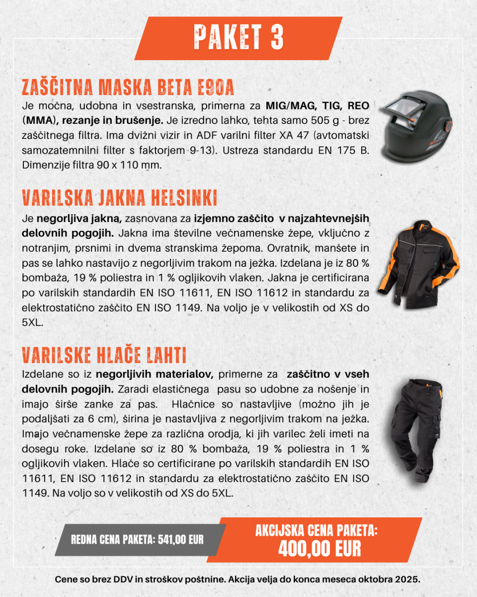 Paket 3: Varilska jakna Helsinki + varilske hlače Lahti + zaščitna maska Beta e90A